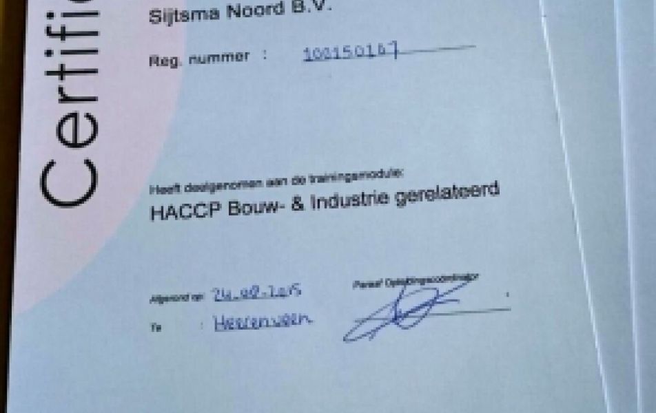 Sijtsma Noord en zijn medewerkers HACCP gecertificeerd